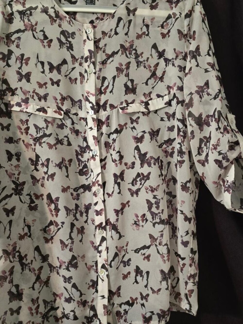 S Ming Collection by Mango Butterfly Sheer 3/4 Sleeve Blouse Top Tan Brown Mauve